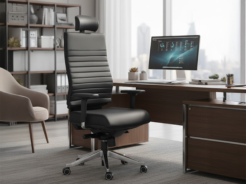Schwarzer Leder-Chefsessel mit Kopfstütze und Armlehnen vor Schreibtisch mit Monitor in Büro.