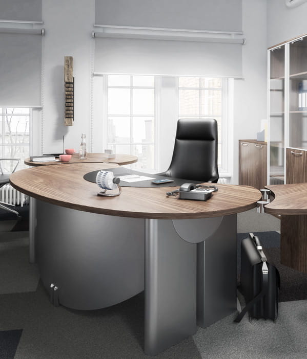 Hochwertiges Büro mit repräsentativem Schreibtisch, ergonomischem Chefsessel und Büroschränken.